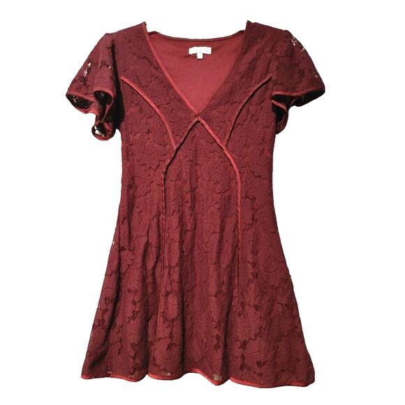 Moon River Flutter Sleeve Lace Floral Fit & Flare Dress V-Neck Burgundy Womens S - Picture 4 of 10